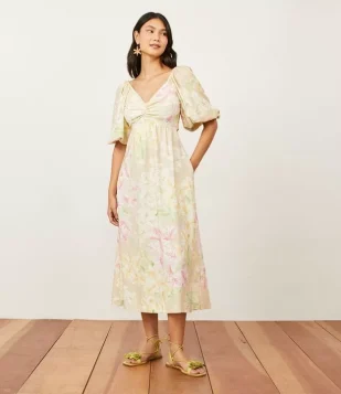 Vestido Midi Em Linho Com Estampa Floral Amarelo