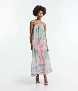Vestido Midi Evasê De Alça Em Crepe Com Estampa Paisley Rosa/Verde/Azul