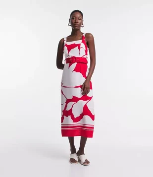 Vestido Longo Sem Manga em Linho com Cinto e Manchas Estampadas Branco