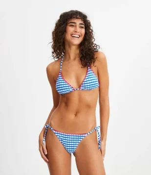 Biquíni Top Cortininha Com Estampa Xadrez Vichy E Pesponto Contrastante Azul