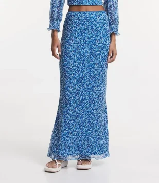 Saia New Midi Em Tule Com Estampa Floral Liberty Azul