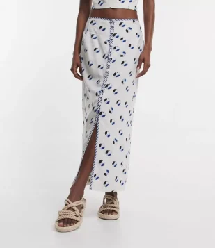 Saia New Midi Em Linho Reta Com Botões E Estampa De Araras Off White