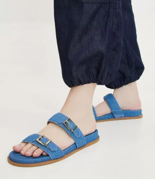 Sandália Rasteira Jeans Com Duas Tiras Azul 