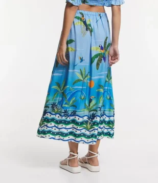 Saia New Midi Em Viscose Degrade Com Estampa Tropical Azul