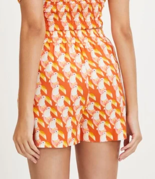 Short Cintura Alta Em Linho Com Pregas E Tucanos Estampados Laranja