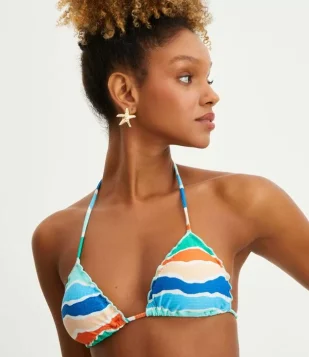 Biquíni Top Cortininha Em Poliamida Com Estampa Orla Azul/ Laranja/ Verde