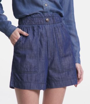 Bermuda Em Jeans Com Elástico No Cós E Bolsos Azul