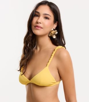 Biquíni Top Triangulo Texturizado com Alças Franzidas Amarelo