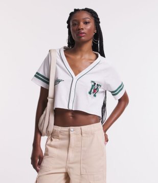 Blusa Cropped Em Meia Malha Com Botões E Estampa Mickey Branco