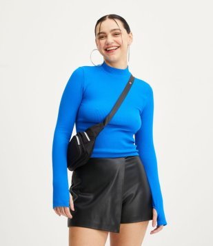 Blusa Em Poliamida Sem Costura Canelada Com Manga Longa Azul