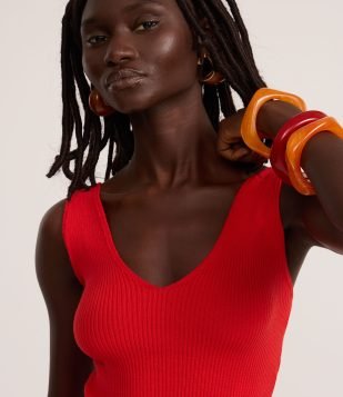 Blusa Regata em Tricô com Decote em V Vermelho