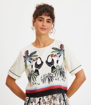 Blusa T-Shirt Em Linho Com Estampa Tropical De Tucanos Bege Creme