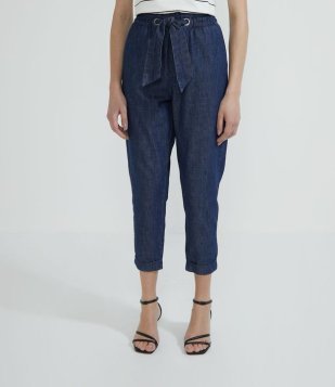Calça Baggy Em Jeans Com Laço Na Cintura Azul