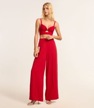 Calça Pantalona em Crepe com Friso Frontal Vermelho