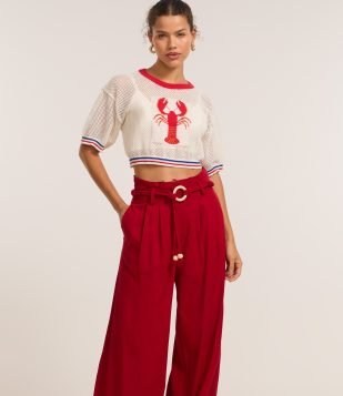 Calça Pantalona em Viscolinho com Cinto de Cordas com Fivela de Aviamento Vermelho