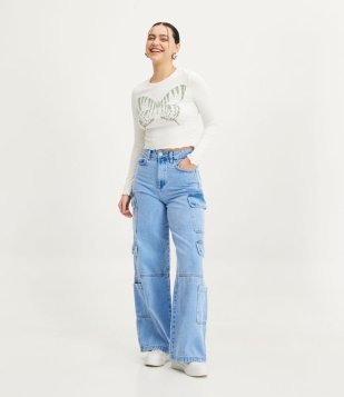 Calça Reta Cintura Média Em Jeans Com Bolsos E Recortes Nos Joelhos Azul