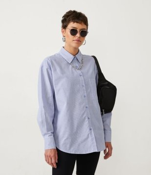 Camisa Alongada Em Tricoline Listrado Com Manga Longa Azul