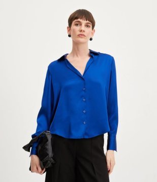 Camisa Em Cetim Com Recortes E Botões Azul Médio