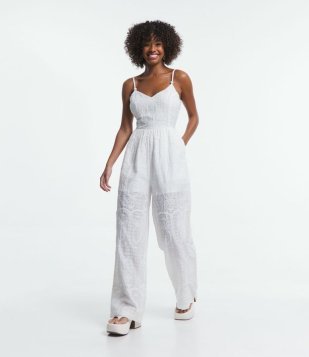 Macacão Longo Em Laise Com Bordado De Abacaxi E Bolsos Branco