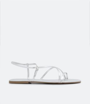 Sandália Rasteira Com Tiras Finas E Bico Redondo Prata