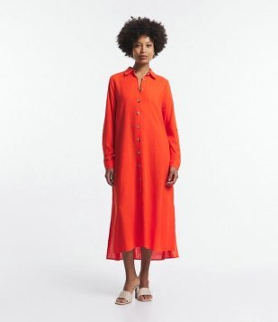 Vestido Chemise Alongado Em Viscolinho Com Botões Contrastantes Laranja