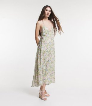 Vestido Midi Em Chiffon Com Estampa Floral Com Alças Finas Verde