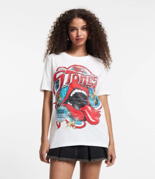 Camiseta Alongada Em Meia Malha Com Estampa Rolling Stones Branco