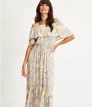 Vestido Midi Em Viscose Floral Com Decote Ombro A Ombro Amarelo