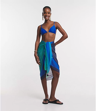 Canga Retangular Em Chiffon Com Estampa Geométrica E Tassel Nas Pontas Azul/ Verde