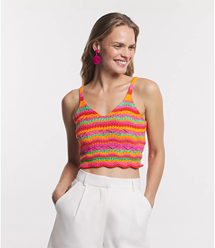 Blusa Cropped Em Tricô Com Barra Ondulada Laranja