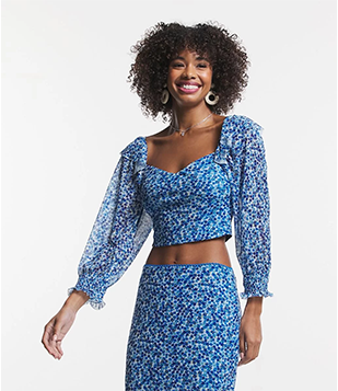 Blusa Manga 3/4 Em Tule Com Babadinho E Estampa Floral Liberty E Decote Coração Azul