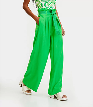 Calça Pantalona Em Linho Com Cinto Bordado Verde