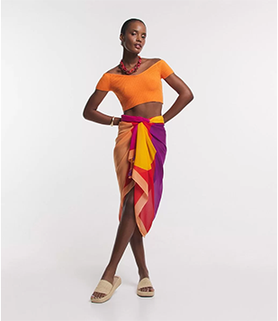 Canga Retangular Em Chiffon Com Detalhe Em Tassel E Estampa Geométrica Contrastante Laranja/ Amarelo/ Lilás