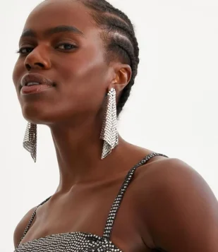 Brinco Maxi Em Strass Com Brilho Prata