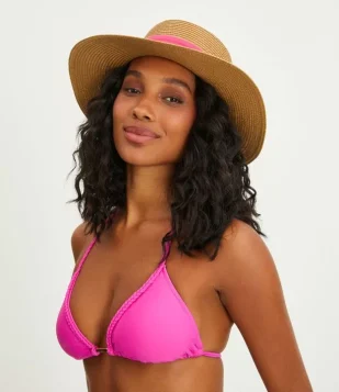 Chapéu De Praia Em Palha Com Faixa Contrastante Marrom