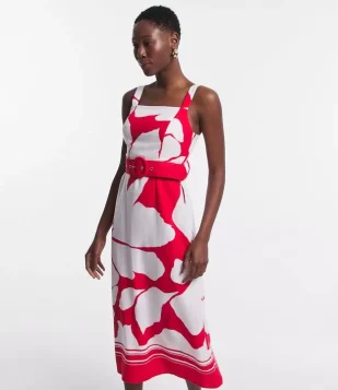Vestido Longo Sem Manga Em Linho Com Cinto E Manchas Estampadas Branco/Vermelho
