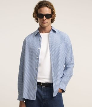 Camisa Regular em Tricoline com Estampa Fio Tinto Azul