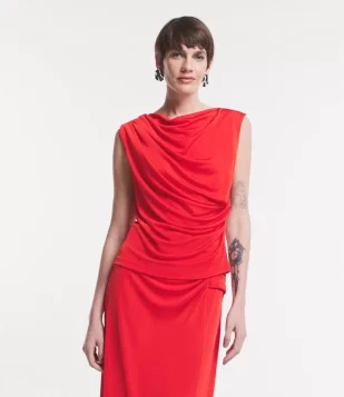 Blusa Sem Manga Em Meia Malha Com Franzidos Frontais Vermelho