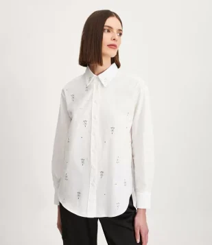 Camisa Em Tricoline Com Aplicações De Brilhos Frontal Off White