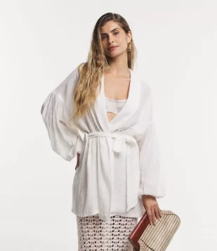 Saída De Praia Kimono Em Algodão Com Manga Bufante E Amarração Na Cintura Branco Neve