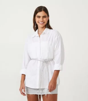 Camisa Alongada Em Tricoline Com Manga Longa Branco Neve