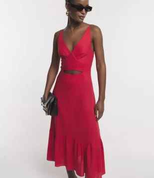Vestido Midi Evasê de Alça em Linho com Vazado e Barra Franzido Vermelho