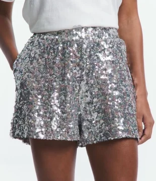 Short Curto Em Paetê Furtacor E Cós Elástico Prata