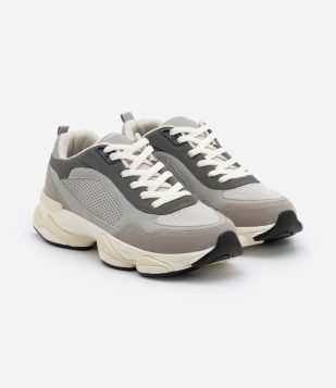 Tênis Dad Sneaker em PU com Recortes e Solado Alto Cinza