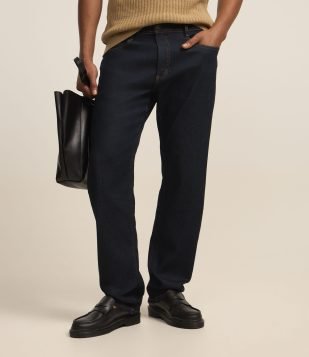 Calça Reta Jeans com Elastano e Costura Contrastante Azul