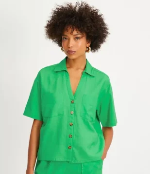 Camisa Manga Curta Em Viscolinho Com Botões Geométricos Verde