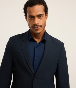 Blazer em Performance Easy Care com Textura e Gola com Lapela Azul Marinho
