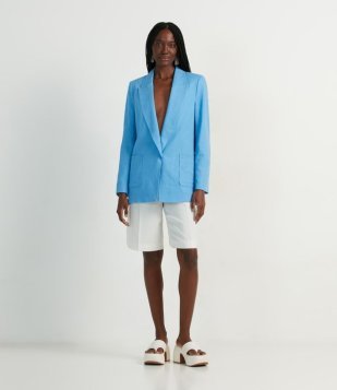 Blazer Em Viscose Com Forro Listrado Azul Celeste