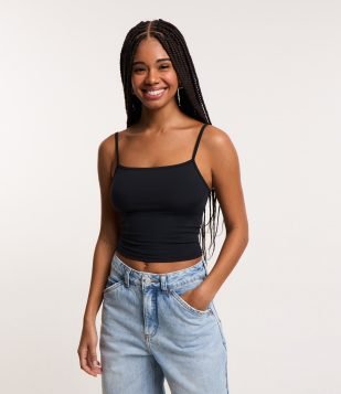 Blusa Cropped de Alcinha em Poliamida Preto
