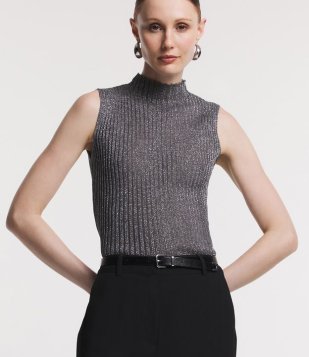 Blusa Sem Manga Em Tricô Canelada Com Fio Metalizado Prata